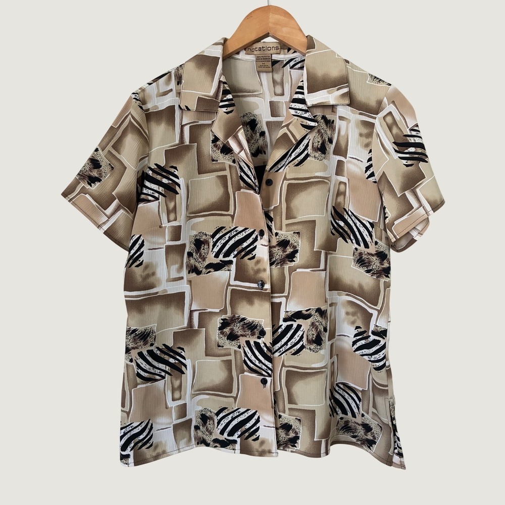 Notations VTG Women Tan Geometric Animal Print Button Down Shirt M Retro